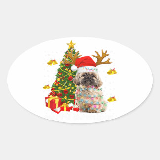 Shih Tzu Christmas Lights Tree | Santa Xmas Oval Sticker