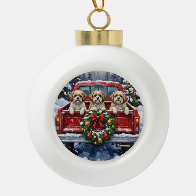 Shih Tzu Christmas Red Truck Holiday Ceramic Ball Christmas Ornament (Front)