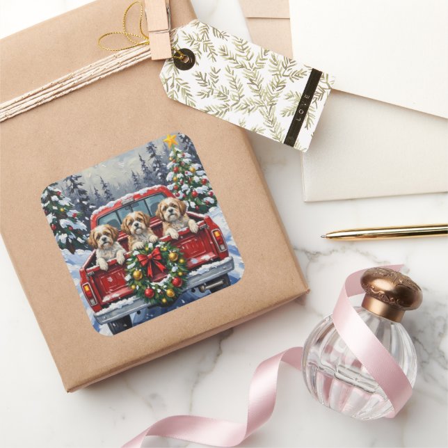 Shih Tzu Christmas Red Truck Holiday Square Sticker (Gifting)