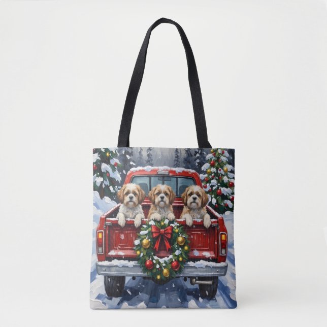 Shih Tzu Christmas Red Truck Holiday Tote Bag (Front)