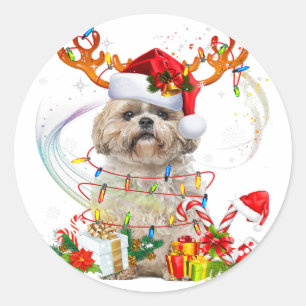 Shih Tzu Christmas Reindeer   Christmas Lights Classic Round Sticker