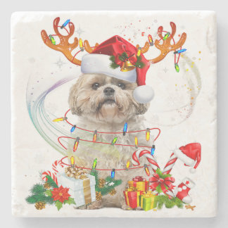 Shih Tzu Christmas Reindeer | Christmas Lights Stone Coaster