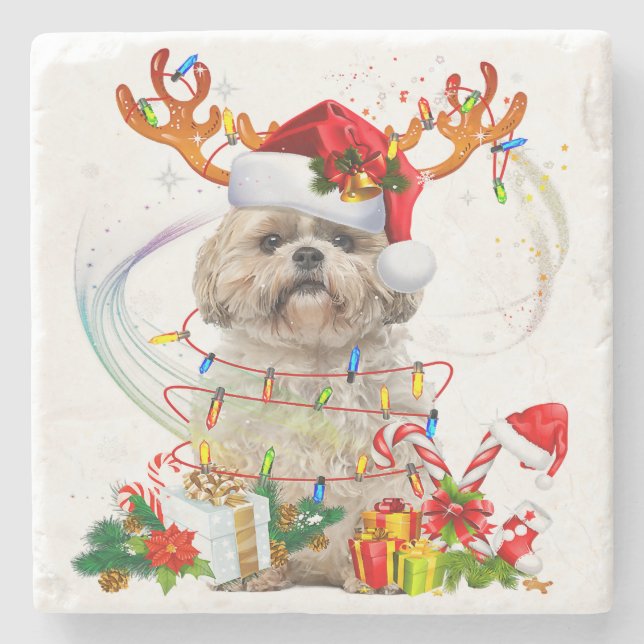 Shih Tzu Christmas Reindeer | Christmas Lights Stone Coaster (Front)