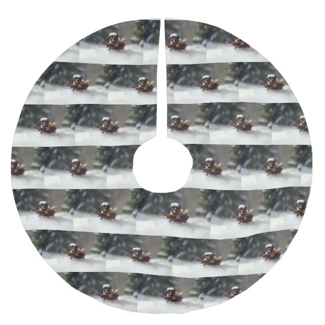 Shih Tzu Christmas snow winter Brushed Polyester Tree Skirt (Front)