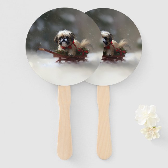 Shih Tzu Christmas snow winter Hand Fan (Front and Back)