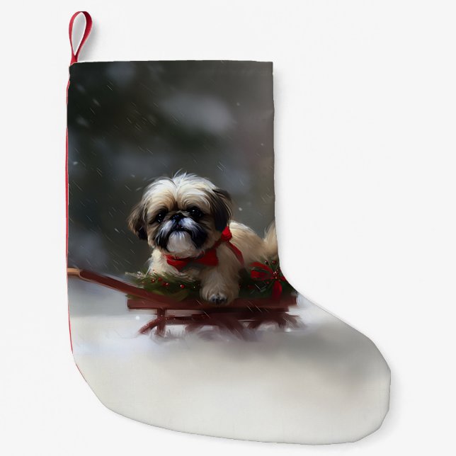 Shih Tzu Christmas snow winter Small Christmas Stocking (Front)