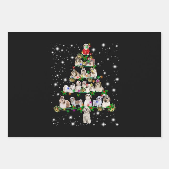Shih Tzu Christmas Tree Covered By Fashlight Wrapping Paper Sheet (Front)