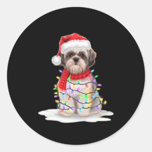 Shih Tzu Christmas Tree Cute Santa Hat Lights Xmas Classic Round Sticker