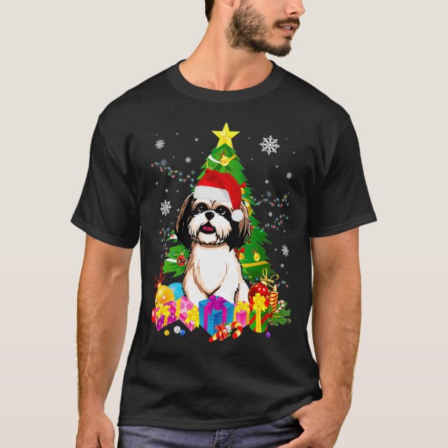 Shih Tzu Christmas Tree Shih Tzu Santa Hat Light T-Shirt (Front)