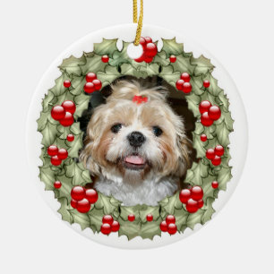 Shih Tzu Christmas wreath Ceramic Tree Decoration