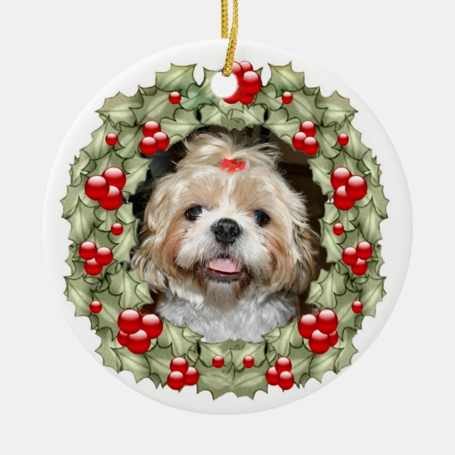 Shih Tzu Christmas wreath Ceramic Tree Decoration (Front)