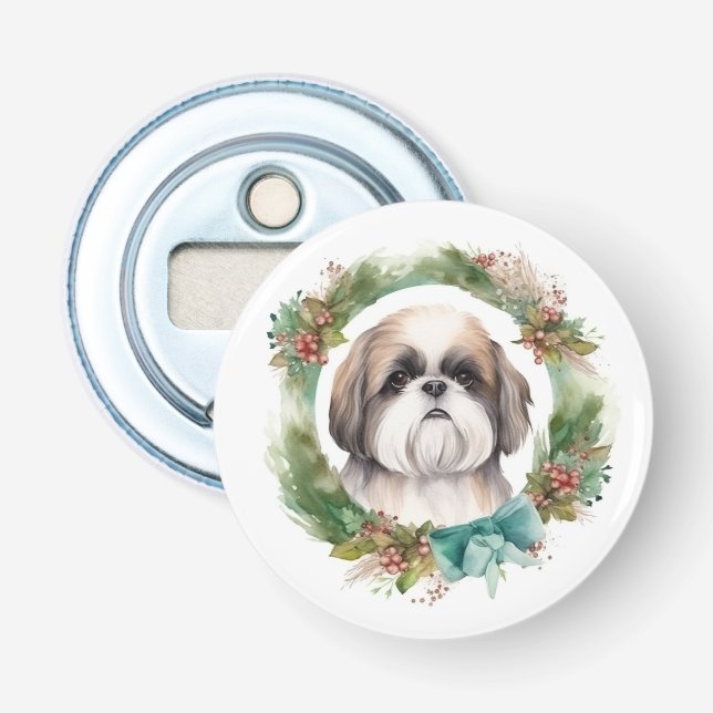 Shih Tzu Christmas Wreath Festive Pup  Bottle Opener (Front)