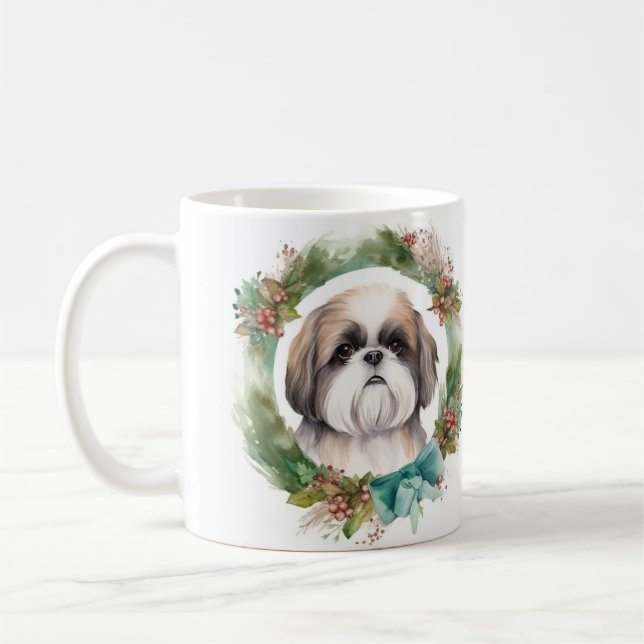 Shih Tzu Christmas Wreath Festive Pup  Coffee Mug (Left)