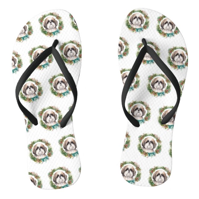Shih Tzu Christmas Wreath Festive Pup  Flip Flops (Footbed)