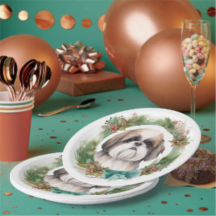 Shih Tzu Christmas Wreath Festive Pup  Paper Plate