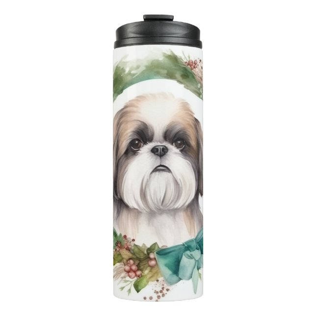 Shih Tzu Christmas Wreath Festive Pup  Thermal Tumbler (Front)