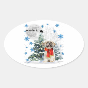 Shih Tzu Christmas Xmas Tree   Funny Snow Xmas Oval Sticker