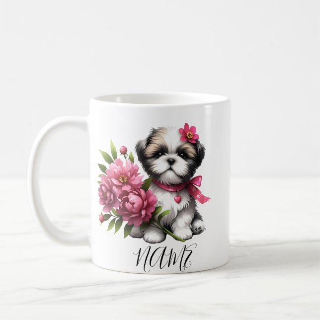 Shih Tzu Coffee Mug – Cute Puppy with Flowers Gift (Left)