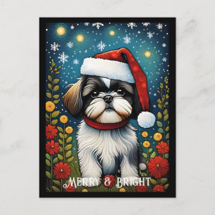 Shih Tzu Colourful Flower Santa Dog Christmas  Postcard