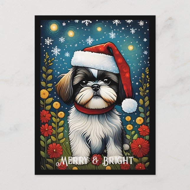 Shih Tzu Colourful Flower Santa Dog Christmas  Postcard (Front)