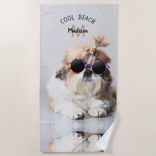 Shih Tzu Cool Beach Sunglasses Photo Monogram Beach Towel (Front)