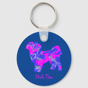 Shih Tzu Cute Dog Silhouette Crazy Hot Pink & Blue Key Ring