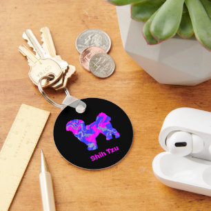 Shih Tzu Cute Dog Silhouette Crazy Hot Pink & Blue Key Ring