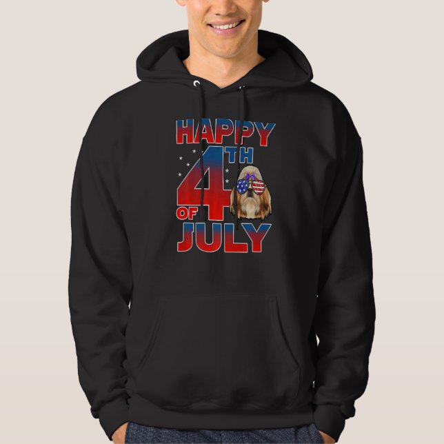 Shih Tzu Dog American Flag Glasses Happy 4th Of Ju Hoodie (Front)