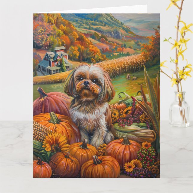 Shih Tzu Dog Autumn Harvest Thanksgiving  Card (Yellow Flower)
