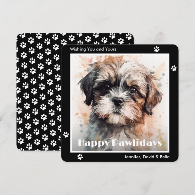 Shih Tzu Dog Black Watercolor Christmas Holiday Card (Front/Back)