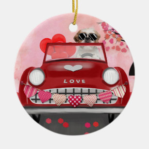 Shih Tzu Dog Car with Hearts Valentine's  Ceramic Tree Decoration