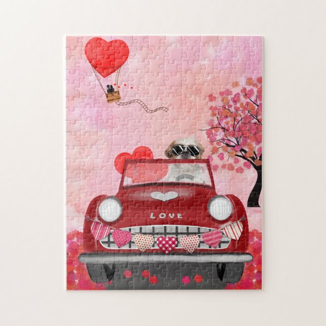 Shih Tzu Dog Car with Hearts Valentine's   Jigsaw Puzzle (Vertical)