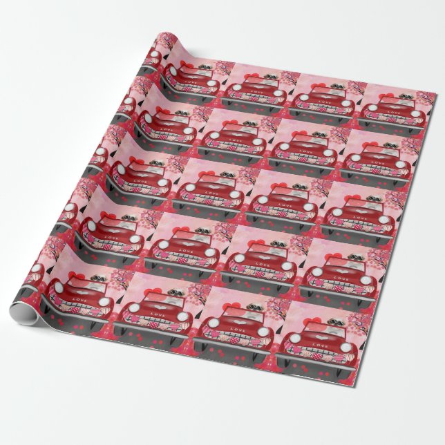 Shih Tzu Dog Car with Hearts Valentine's   Wrapping Paper (Unrolled)