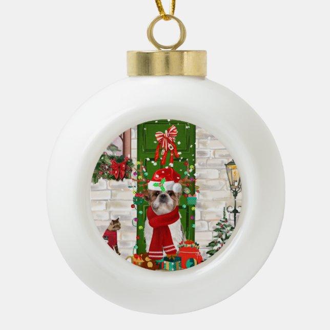 Shih Tzu Dog Christmas  Ceramic Ball Christmas Ornament (Front)