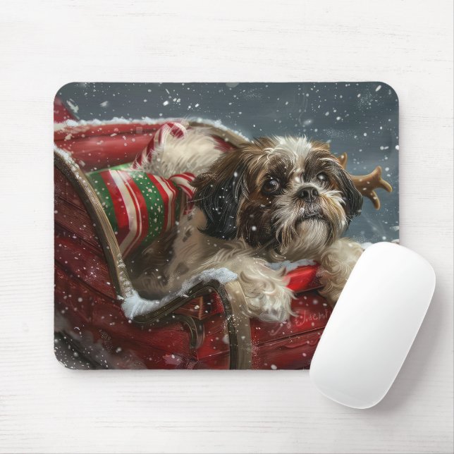 Shih Tzu Dog Christmas Festive Mouse Mat (With Mouse)