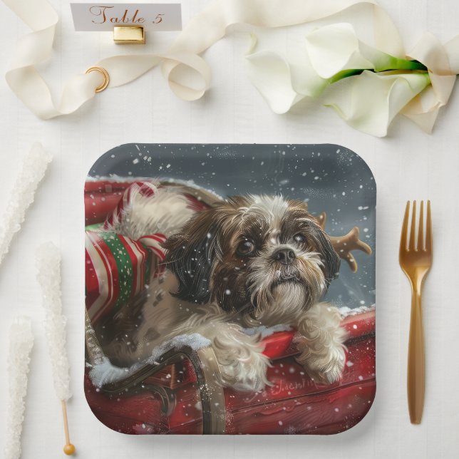 Shih Tzu Dog Christmas Festive Paper Plate (Wedding)
