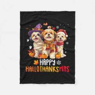 Shih tzu dog christmas happy hallothankmas fleece blanket