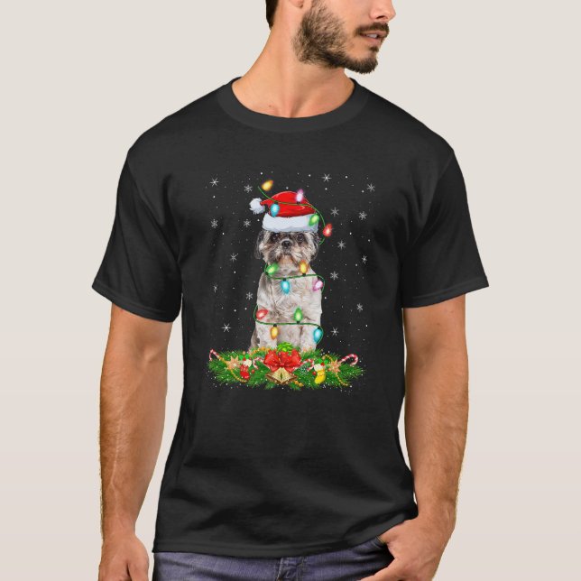 Shih Tzu Dog Christmas Lights Funny Santa Hat Xmas T-Shirt (Front)