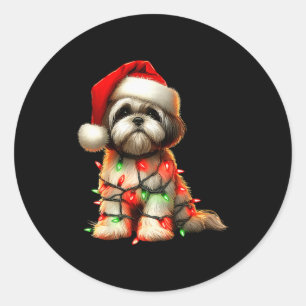 Shih Tzu Dog Christmas Lights Santa Hat Dog Lover Classic Round Sticker