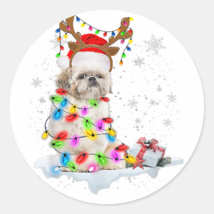 Shih Tzu Dog Christmas Reindeer Christmas Lights Classic Round Sticker