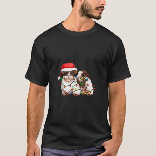 Shih Tzu Dog Christmas Santa Hat Elf Puppy Lovers  T-Shirt (Front)