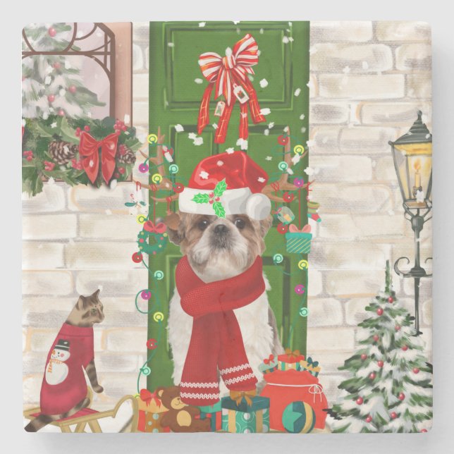 Shih Tzu Dog Christmas  Stone Coaster (Front)