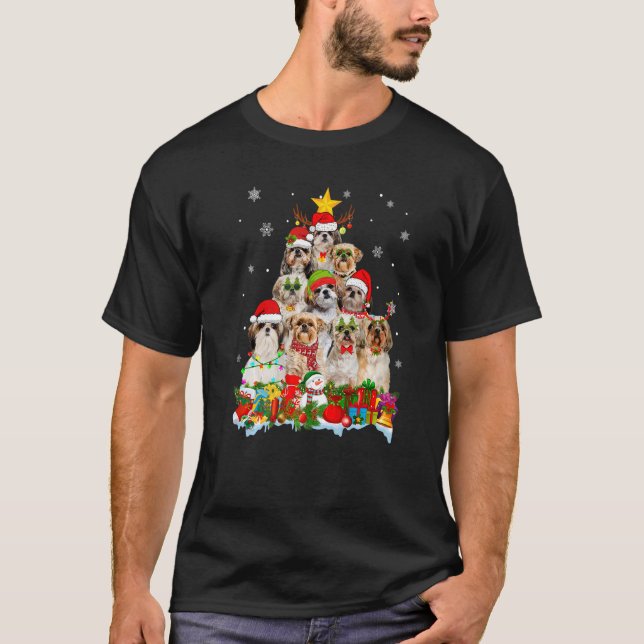 Shih Tzu Dog Christmas Tree Lights Xmas Santa Hat  T-Shirt (Front)
