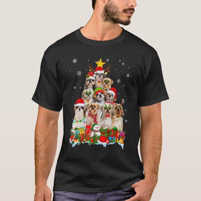Shih Tzu Dog Christmas Tree Lights Xmas Santa Hat T-Shirt (Front)