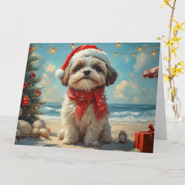 Shih Tzu Dog Christmas Vintage Beach Card (Yellow Flower)