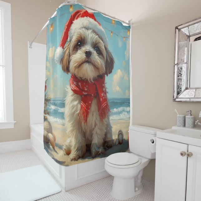 Shih Tzu Dog Christmas Vintage Beach Shower Curtain (In Situ)