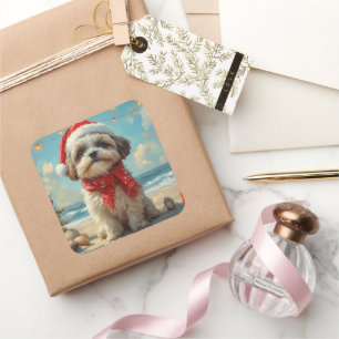 Shih Tzu Dog Christmas Vintage Beach Square Sticker