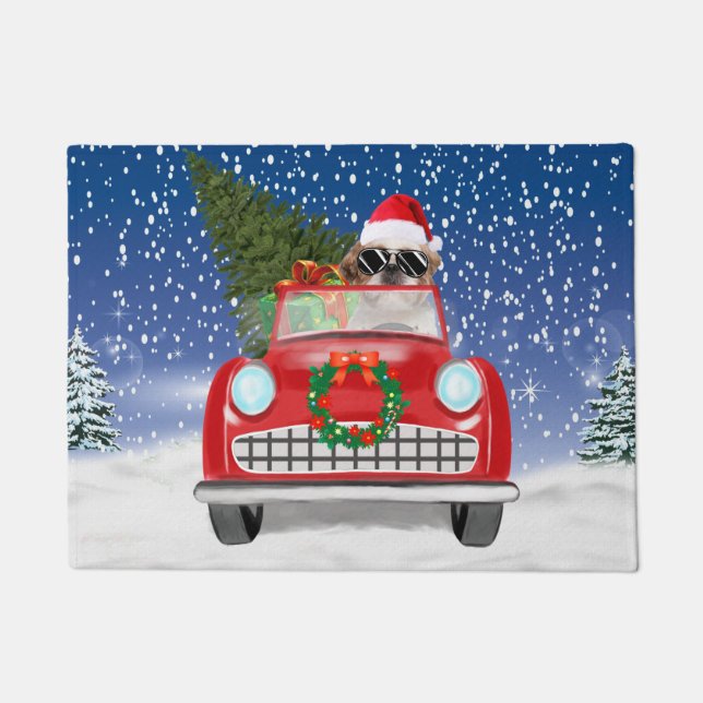 Shih Tzu Dog Driving Car In Snow Christmas   Doormat (Front)