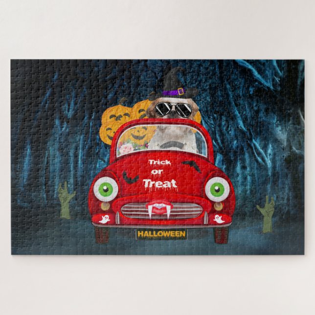 Shih Tzu Dog Driving Car Scary Halloween Jigsaw Puzzle (Horizontal)