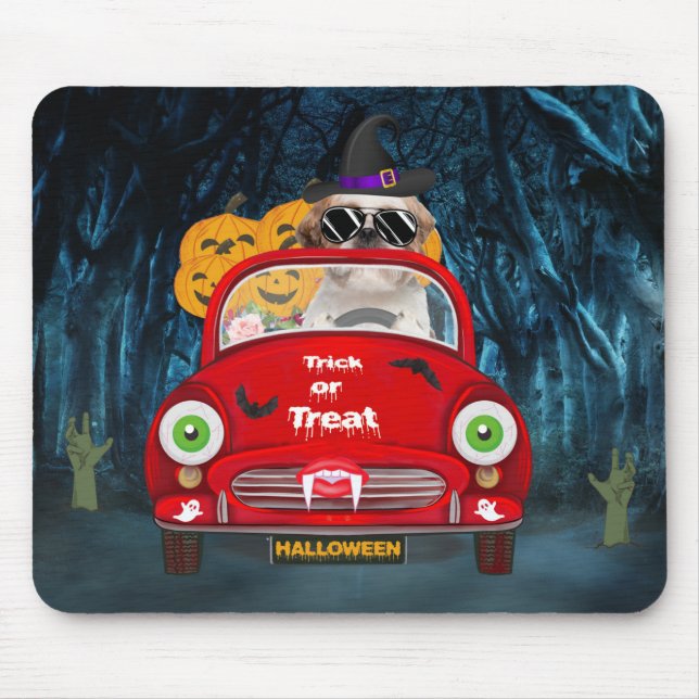 Shih Tzu Dog Driving Car Scary Halloween Mouse Mat (Front)